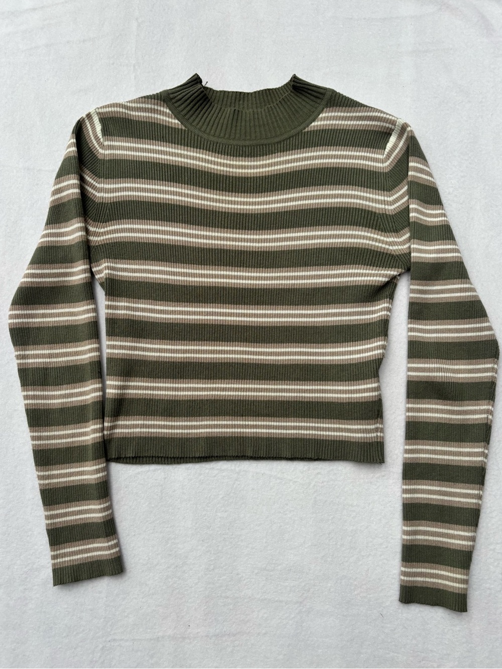Striped Olive & Cream Ribbed Knit Top - Women